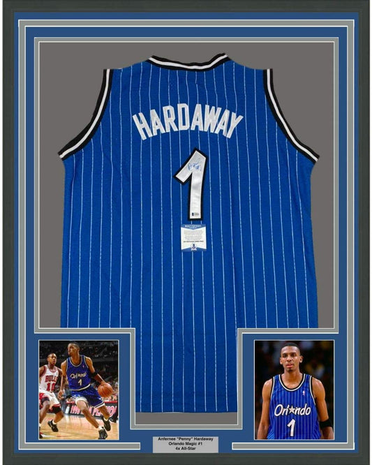 Framed Autographed/Signed Anfernee Penny Hardaway 35x39 Orlando Blue Basketball Jersey Beckett BAS COA