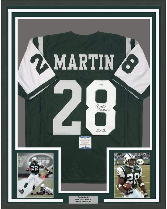 Framed Autographed/Signed Curtis Martin HOF 12 35x39 New York Green Football Jersey Beckett BAS COA