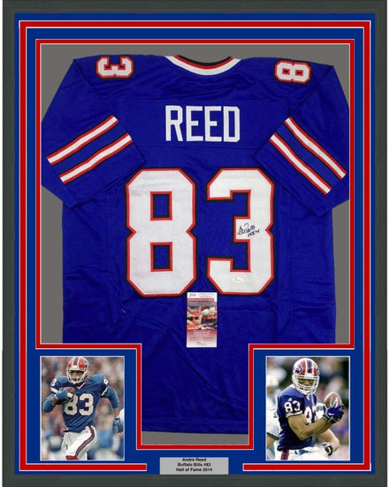 Framed Autographed/Signed Andre Reed HOF 14 35x39 Buffalo Blue Football Jersey JSA COA