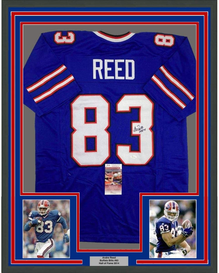 Framed Autographed/Signed Andre Reed HOF 14 35x39 Buffalo Blue Football Jersey JSA COA