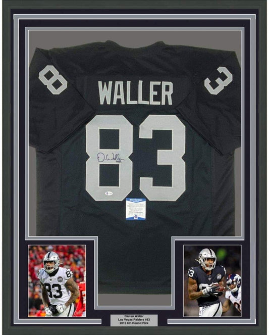 Framed Autographed/Signed Darren Waller 35x39 Las Vegas Oakland Black Football Jersey Beckett BAS COA
