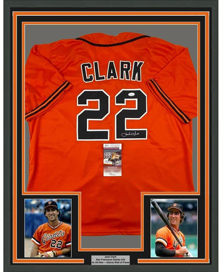 Framed Autographed/Signed Jack Clark 35x39 San Francisco Orange Baseball Jersey JSA COA