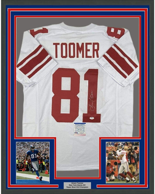 Framed Autographed/Signed Amani Toomer 35x39 New York White Football Jersey PSA/DNA COA