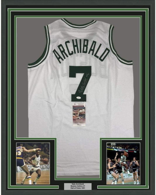 Framed Autographed/Signed Nate Tiny Archibald 35x39 Boston White Basketball Jersey JSA COA