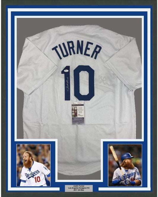 Framed Autographed/Signed Justin Turner 35x39 Los Angeles LA White Baseball Jersey JSA COA