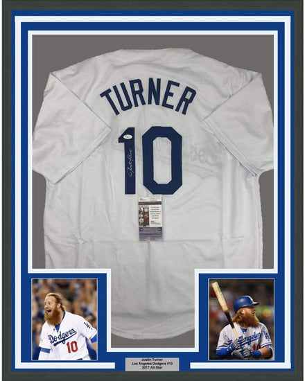 Framed Autographed/Signed Justin Turner 35x39 Los Angeles LA White Baseball Jersey JSA COA