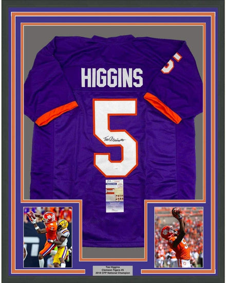 Framed Autographed/Signed Tee Higgins 35x39 Clemson Purple College Football Jersey JSA COA