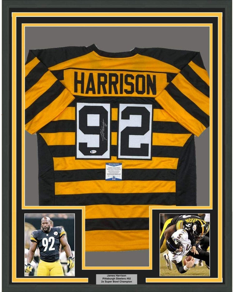Framed Autographed/Signed James Harrison 35x39 Pittsburgh Bumble Bee Football Jersey Beckett BAS COA