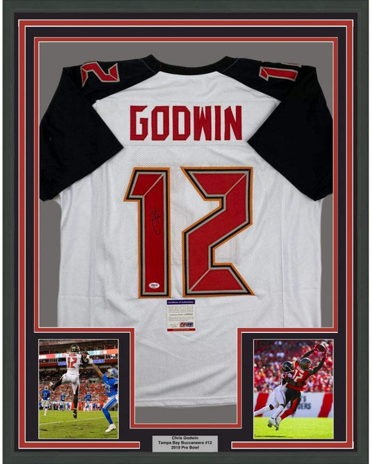 Framed Autographed/Signed Chris Godwin 35x39 Tampa Bay White Football Jersey PSA/DNA COA