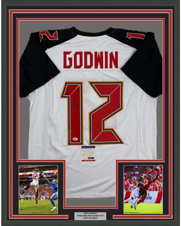 Framed Autographed/Signed Chris Godwin 35x39 Tampa Bay White Football Jersey PSA/DNA COA