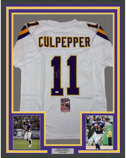 Framed Autographed/Signed Daunte Culpepper 35x39 Minnesota White Football Jersey JSA COA