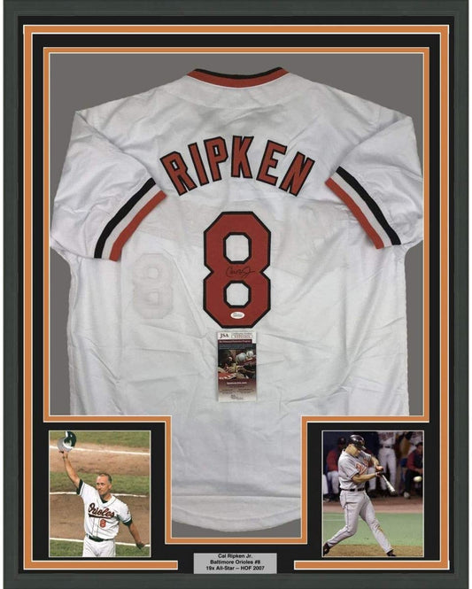 Framed Autographed/Signed Cal Ripken Jr. 35x39 Baltimore White Baseball Jersey JSA COA