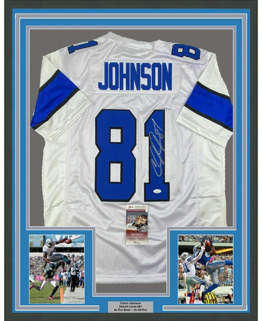 Framed Autographed/Signed Calvin Johnson 35x39 Detroit White Football Jersey JSA COA #2