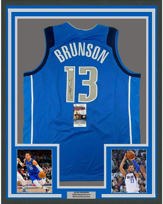 Framed Autographed/Signed Jalen Brunson 35x39 Dallas Light Blue Basketball Jersey JSA COA