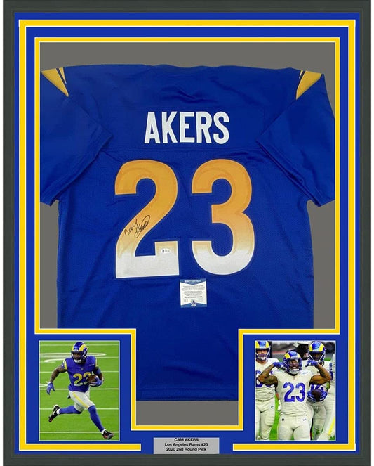 Framed Autographed/Signed Cam Akers 35x39 Los Angeles LA Blue Football Jersey Beckett BAS COA