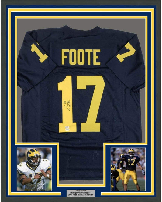 Framed Autographed/Signed Larry Foote 35x39 Michigan Blue College Football Jersey JSA COA Holo Only