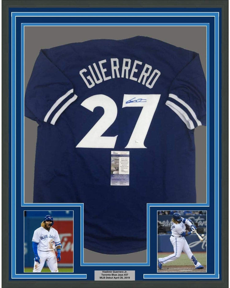 Framed Autographed/Signed Vladimir Vlad Guerrero Jr. 35x39 Toronto Blue Baseball Jersey JSA COA