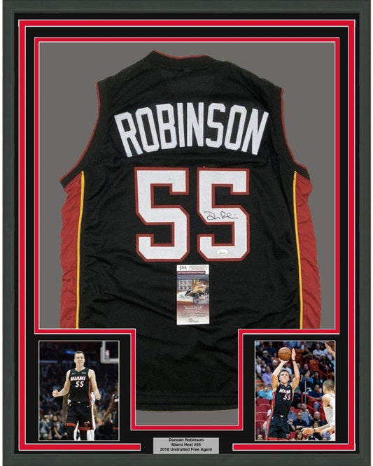 Framed Autographed/Signed Duncan Robinson 35x39 Miami Black Basketball Jersey JSA COA