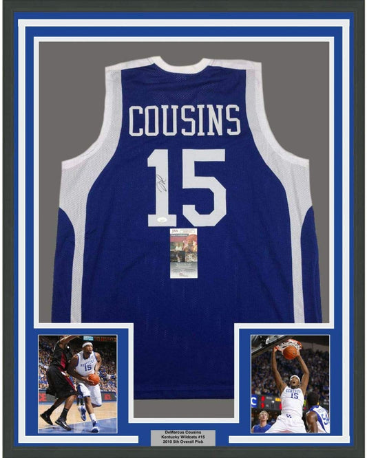 Framed Autographed/Signed DeMarcus Cousins 35x39 Kentucky Blue College Basketball Jersey JSA COA