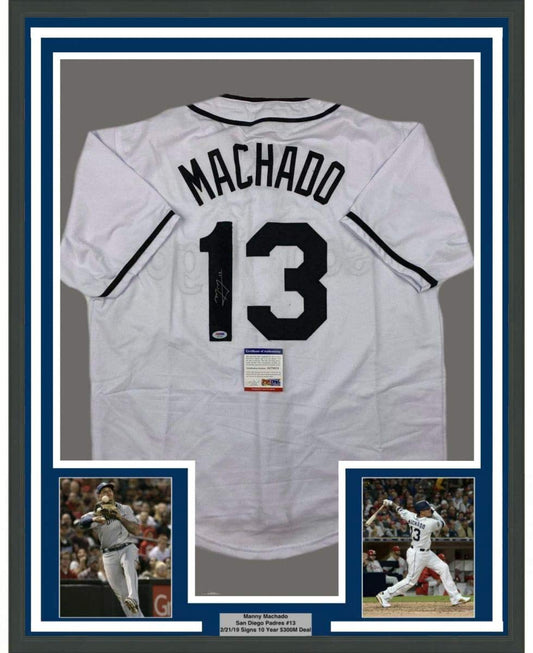 Framed Autographed/Signed Manny Machado 35x39 San Diego White Baseball Jersey Beckett BAS COA #2