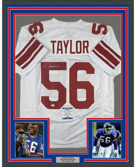 Framed Autographed/Signed Lawrence Taylor 35x39 New York White Football Jersey Beckett BAS COA