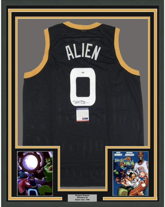Framed Autographed/Signed Muggsy Bogues 35x39 Alien Space Jam Monstars Black Basketball Jersey PSA/DNA COA