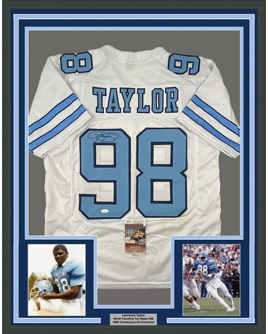 Framed Autographed/Signed Lawrence Taylor 35x39 North Carolina UNC White College Football Jersey JSA COA