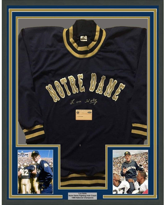 Framed Autographed/Signed Lou Holtz 35x39 Notre Dame Fighting Irish Football Jersey Jacket Steiner Sports COA