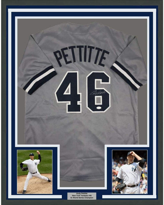 Framed Autographed/Signed Andy Pettitte 35x39 New York Grey Baseball Jersey JSA COA Holo Only
