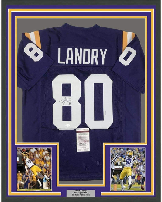 Framed Autographed/Signed Jarvis Landry 35x39 LSU Purple College Football Jersey JSA COA