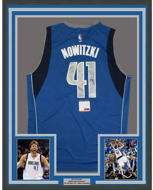 Framed Autographed/Signed Dirk Nowitzki 35x39 Dallas Blue Basketball Jersey PSA/DNA COA