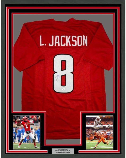 Framed Autographed/Signed Lamar Jackson 35x39 Louisville Red College Football Jersey JSA COA