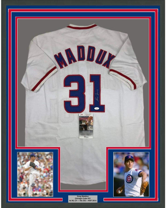 Framed Autographed/Signed Greg Maddux 35x39 Chicago White Baseball Jersey JSA COA