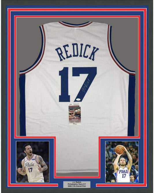 Framed Autographed/Signed JJ J.J. Redick 35x39 Philadelphia White Basketball Jersey JSA COA