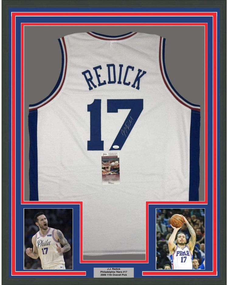 Framed Autographed/Signed JJ J.J. Redick 35x39 Philadelphia White Basketball Jersey JSA COA