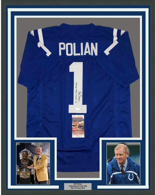 Framed Autographed/Signed Bill Polian HOF 15 35x39 Indianapolis Blue Football Jersey JSA COA