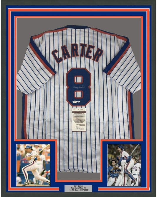Framed Autographed/Signed Gary Carter 35x39 New York Pinstripe Baseball Jersey JSA COA