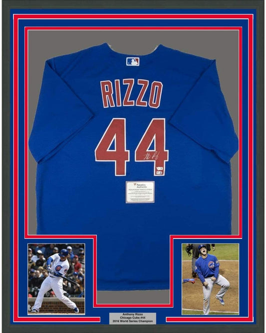 Framed Autographed/Signed Anthony Rizzo 35x39 Chicago Cubs Blue Authentic Nike Baseball Jersey Fanatics COA