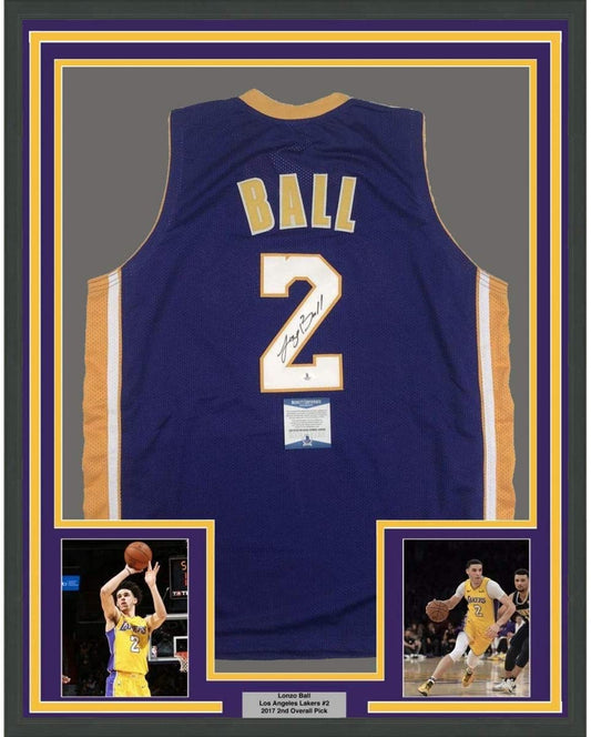 Framed Autographed/Signed Lonzo Ball 35x39 Los Angeles LA Purple Basketball Jersey Beckett BAS COA