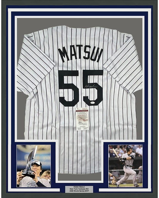 Framed Autographed/Signed Hideki Matsui 35x39 New York Pinstripe Baseball Jersey JSA COA