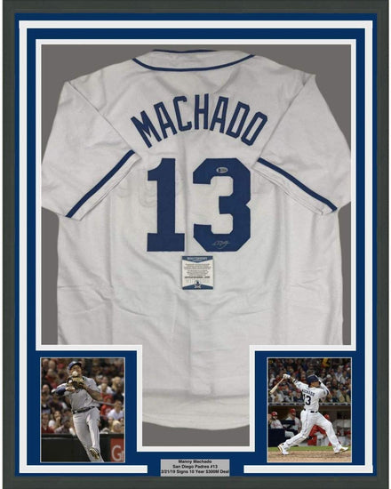 Framed Autographed/Signed Manny Machado 35x39 San Diego White Baseball Jersey Beckett BAS COA