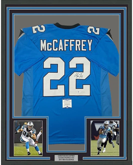 Framed Autographed/Signed Christian McCaffrey 35x39 Carolina Blue Football Jersey Beckett BAS COA