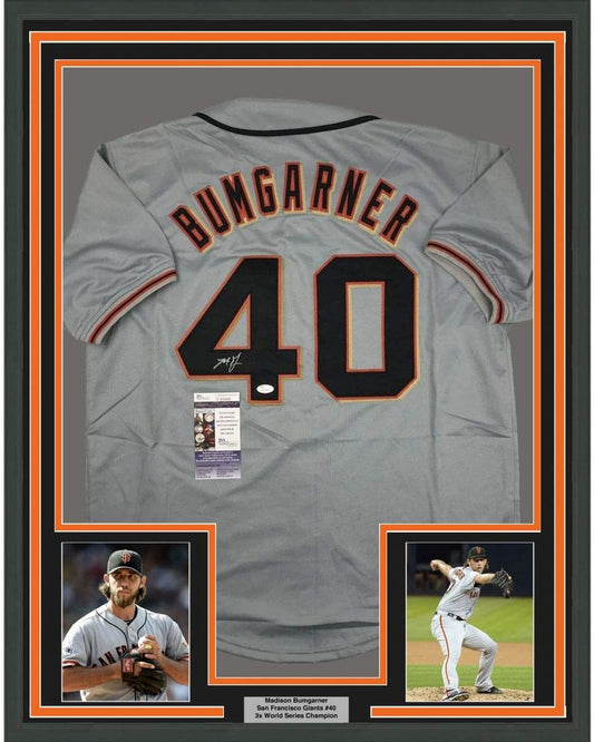 Framed Autographed/Signed Madison Bumgarner 35x39 San Francisco Grey Baseball Jersey JSA COA
