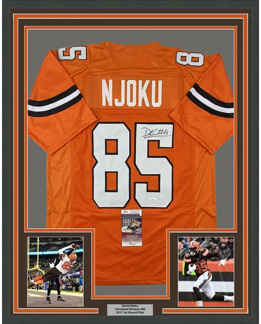 Framed Autographed/Signed David Njoku 35x39 Cleveland Football Orange Jersey JSA COA