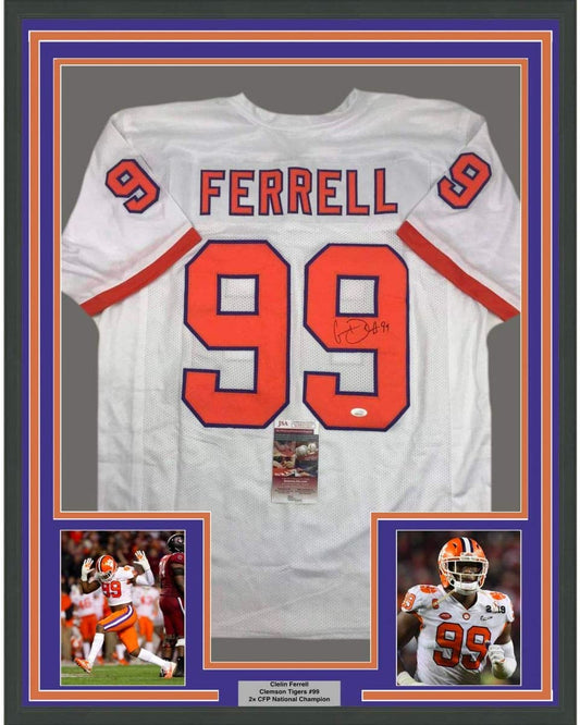 Framed Autographed/Signed Clelin Ferrell 35x39 Clemson White College Football Jersey JSA COA