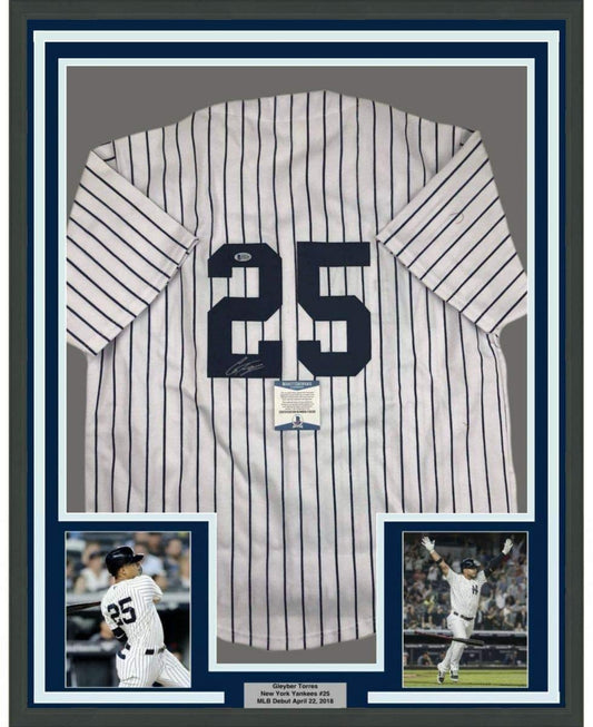 Framed Autographed/Signed Gleyber Torres 35x39 New York #25 Pinstripe Baseball Jersey Beckett BAS COA