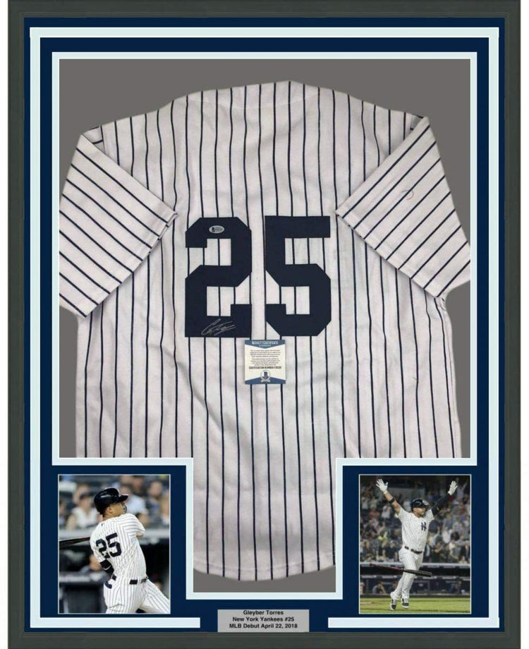Framed Autographed/Signed Gleyber Torres 35x39 New York #25 Pinstripe Baseball Jersey Beckett BAS COA