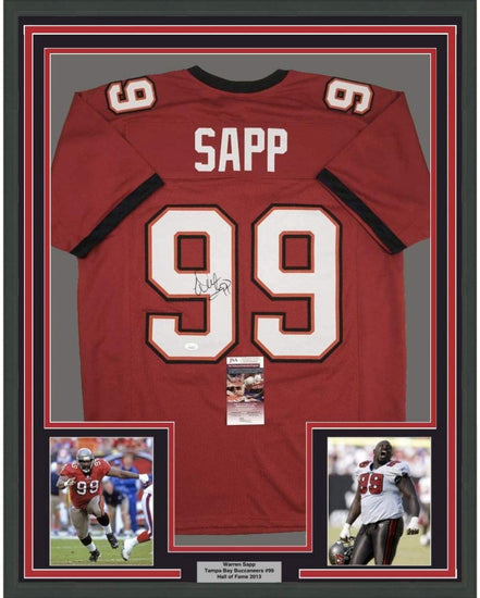 Framed Autographed/Signed Warren Sapp 35x39 Tampa Bay Red Football Jersey JSA COA