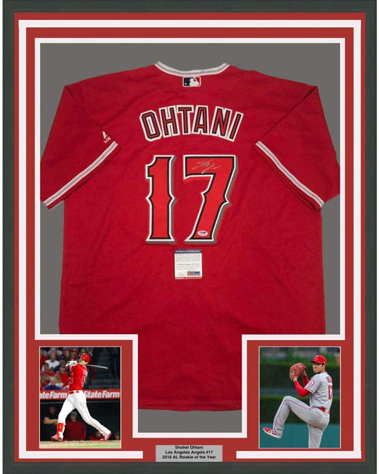 Framed Autographed/Signed Shohei Ohtani 35x39 Los Angeles LA Anaheim Red Baseball Jersey PSA/DNA COA