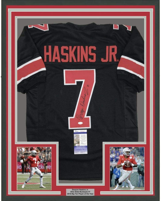 Framed Autographed/Signed Dwayne Haskins Jr. 35x39 Ohio State Black College Football Jersey JSA COA